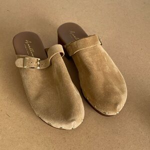 Avellini Made in Italy Tan Suede Clogs with Gold tone metal adjustable Buckle.